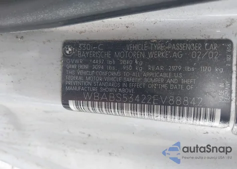 2002 BMW 330Ci z USA, uszkodzony, nr VIN WBABS53422EV88842